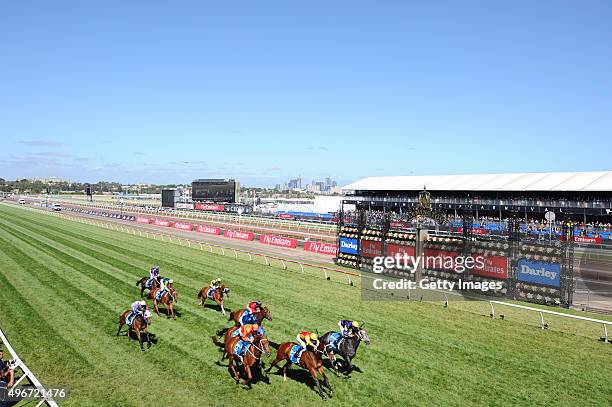 James McDonald rides Delectation to win from Dwayne Dunn riding Chautauqua and Hugh Bowman riding Terravista in race 6 the Darley Classic on Stakes...