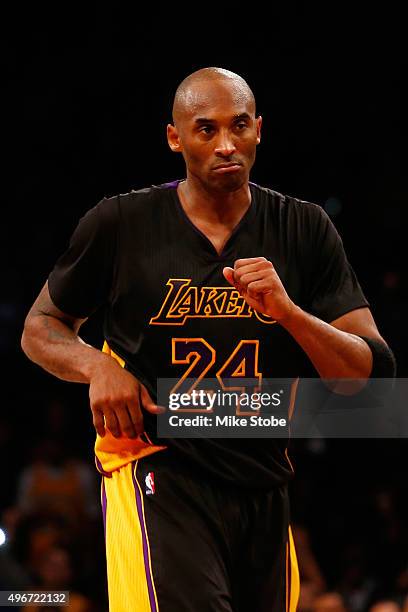 Kobe Bryant of the Los Angeles Lakers in action against the Brooklyn Nets at the Barclays Center on November 6, 2015 in Brooklyn borough of New York...