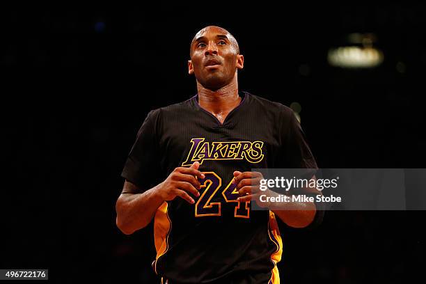 Kobe Bryant of the Los Angeles Lakers in action against the Brooklyn Nets at the Barclays Center on November 6, 2015 in Brooklyn borough of New York...