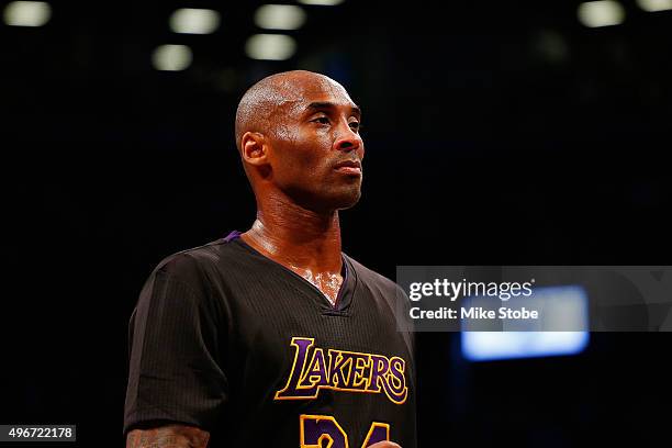 Kobe Bryant of the Los Angeles Lakers in action against the Brooklyn Nets at the Barclays Center on November 6, 2015 in Brooklyn borough of New York...