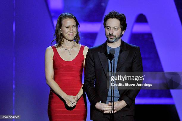 Biologist Anne Wojcicki and Co-Founder, Google, Sergey Brin speak onstage during the 2016 Breakthrough Prize Ceremony on November 8, 2015 in Mountain...