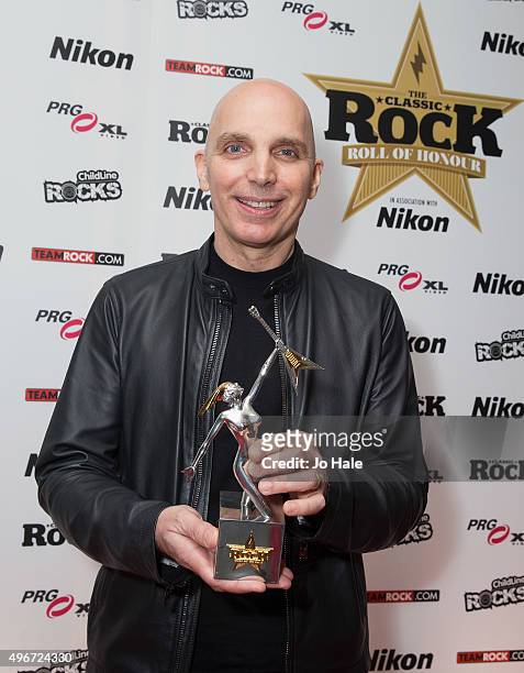 Joe Satriani wins the Maestro Award at the Classic Rock Roll of Honour at The Roundhouse on November 11, 2015 in London, England.