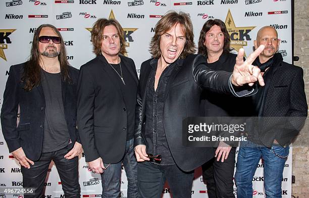 Mic Michaeli, John Leven, Joey Tempest, John Norum and Ian Haugland of Europe attend the Classic Rock Roll of Honour at The Roundhouse on November...