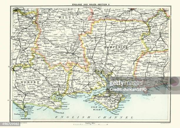 map of south east england, hampshire, dorset, wiltshire 1891 - portsmouth england stock illustrations