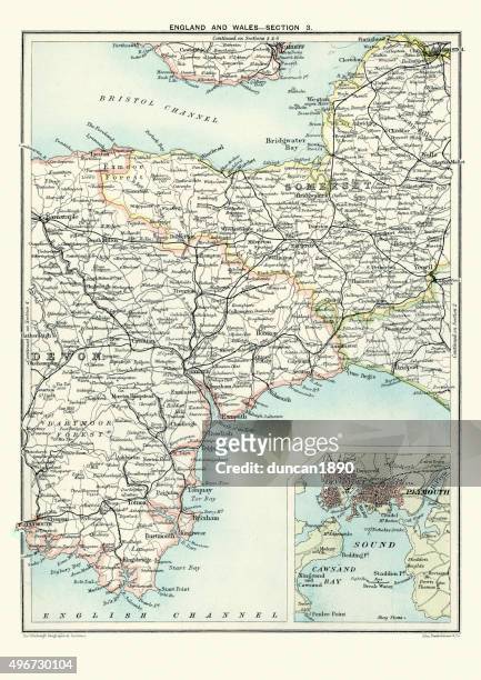 antike karte von südwesten englands somerset, devon, 1891 - plymouth devon stock-grafiken, -clipart, -cartoons und -symbole