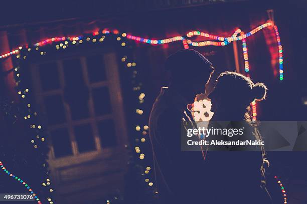 romantic christmas eve - woman snow outside night stock pictures, royalty-free photos & images