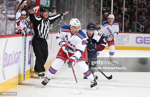 Emerson Etem of the New York Rangers skates against the Colorado Avalanche at the Pepsi Center on November 6, 2015 in Denver, Colorado. The Rangers...