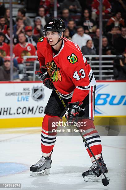 Viktor Svedberg of the Chicago Blackhawks watches for the puck in the third period of the NHL game against the Anaheim Ducks at the United Center on...