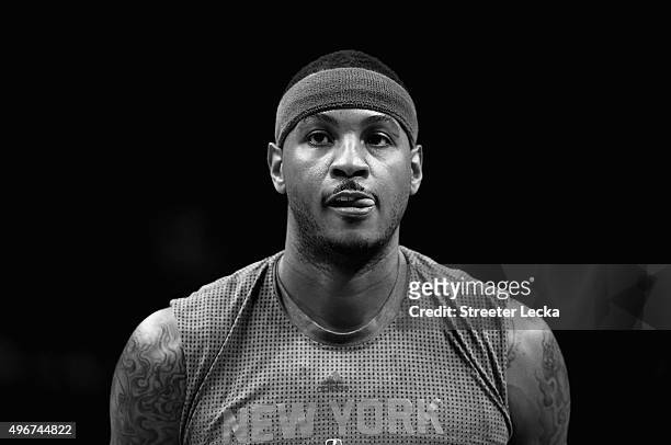 Carmelo Anthony of the New York Knicks warms up before their game against the Charlotte Hornets at Time Warner Cable Arena on November 11, 2015 in...