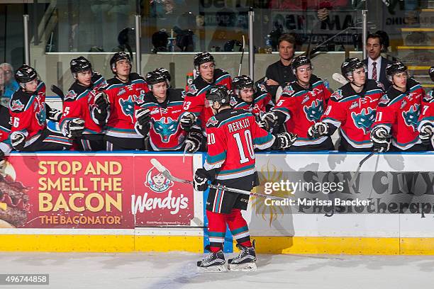 Nick Merkley of Kelowna Rockets celebrates the first goal of the shootout against the Vancouver Giants on November 11, 2015 at Prospera Place in...