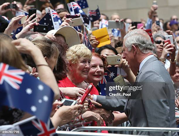 Prince Charles, Prince of Wales meets well-wishers during a walk around Sydney's Martin Place on November 12, 2015 in Sydney, Australia. The Royal...