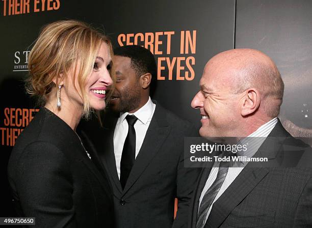 Actors Julia Roberts and Dean Norris attend the Premiere of STX Entertainment's "Secret In Their Eyes" at the Hammer Museum on November 11, 2015 in...