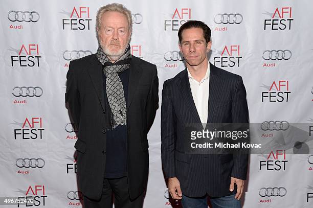 Filmmaker Ridley Scott and Variety's Scott Foundas attend 'On Directing: A Conversation with Ridley Scott' during AFI FEST 2015 presented by Audi at...