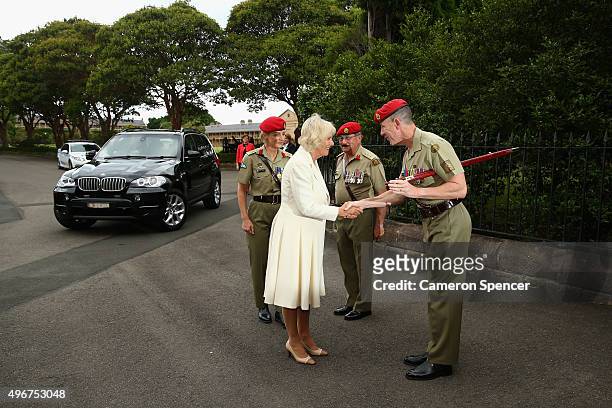 Camilla, Duchess of Cornwall, appointed as the Colonel-In-Chief of the Royal Australian Corps of the Military Police is greeted by Regimental...