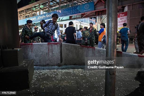 Crime scene is seen after a bomb exploded outside a religious shrine in central Bangkok, Thailand on August 17, 2015. An explosion at Erawan Shrine,...