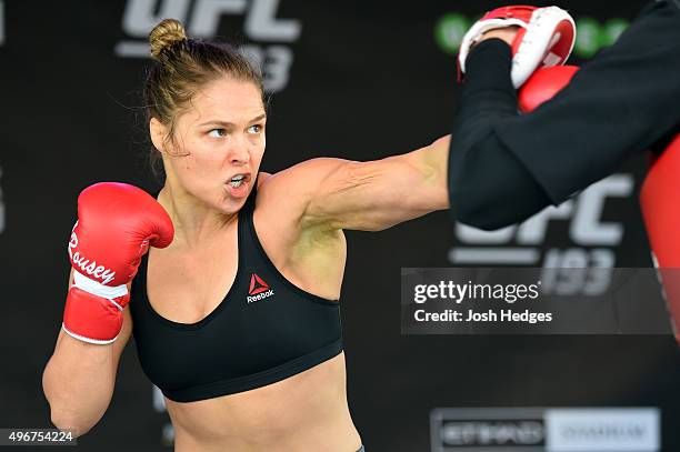 Women's bantamweight champion Ronda Rousey of the United States holds an open workout for fans and media at Federation Square on November 12, 2015 in...