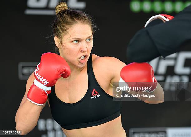 Women's bantamweight champion Ronda Rousey of the United States holds an open workout for fans and media at Federation Square on November 12, 2015 in...