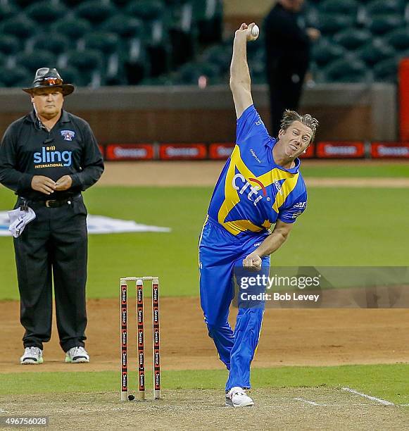 Sachin's Blaster's bowler Glenn McGrath in action during the Cricket All-Star's series at Minute Maid Park on November 11, 2015 in Houston, Texas.