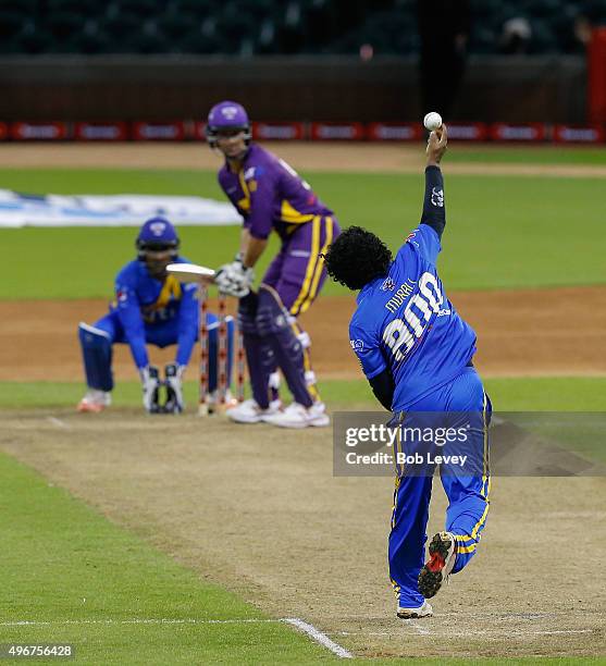 Muttiah Muralitharan of Sachin's Blasters bowls during the Cricket All-Stars Series at Minute Maid Park on November 11, 2015 in Houston, Texas.