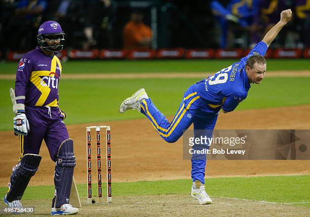 Lance Klusener of Sachin's Blasters bowls during the Cricket All-Stars Series at Minute Maid Park on November 11, 2015 in Houston, Texas.