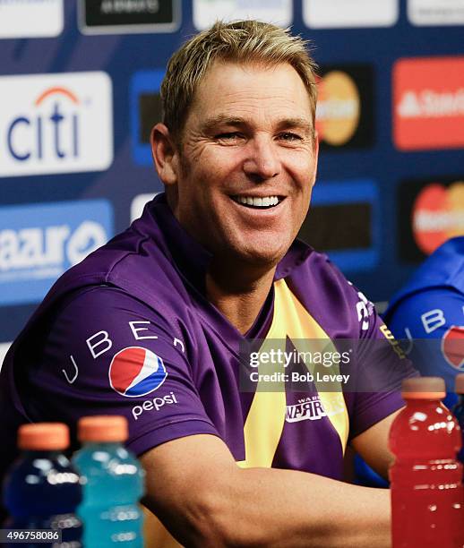 Shane Warne answers questions from the media after the Cricket All-Stars Series at Minute Maid Park on November 11, 2015 in Houston, Texas.