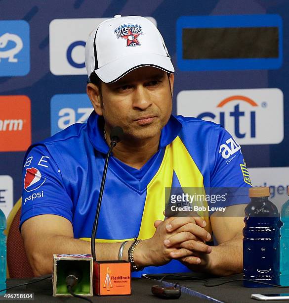 Sachin Tendulkar answers questions from the media after the Cricket All-Stars Series at Minute Maid Park on November 11, 2015 in Houston, Texas.