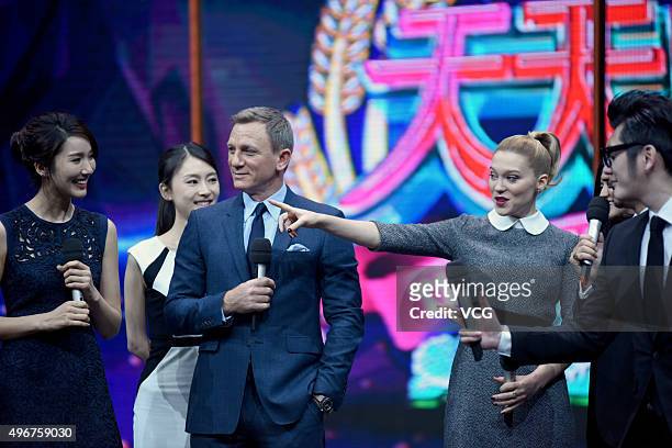 Actor Daniel Craig and actress/model Lea Seydoux attend the recording of TV program "Day Day Up" on November 11, 2015 in Changsha, Hunan Province of...