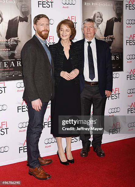 Producer Tristan Goligher, actress Charlotte Rampling and actor Tom Courtenay arrive at the AFI FEST 2015 Presented by Audi Tribute to Charlotte...