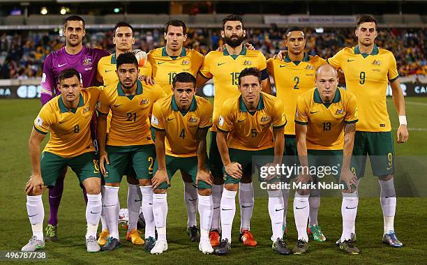 The Australian team pose for a photo before the 2018 FIFA World Cup Qualification match between the Australian Socceroos and Kyrgyzstan at GIO...