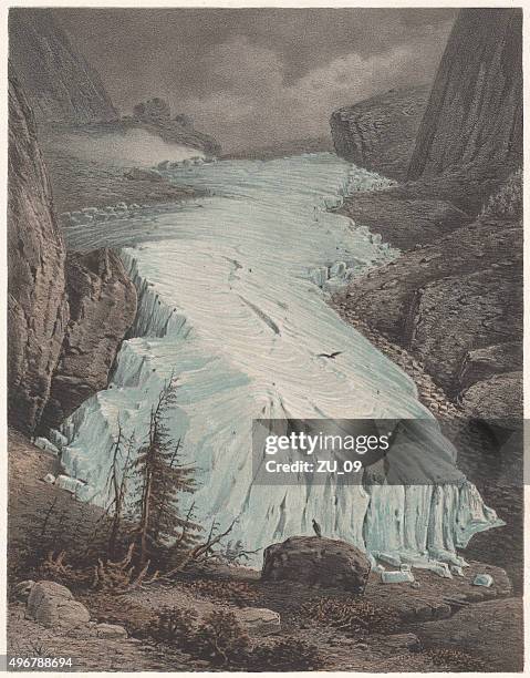 rosenlaui glacier by german painter carl rorbach, published in 1861 - glacier stock illustrations