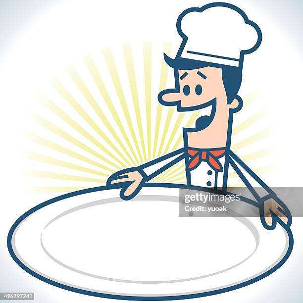 chef holding a blank dinner plate - toque stock illustrations