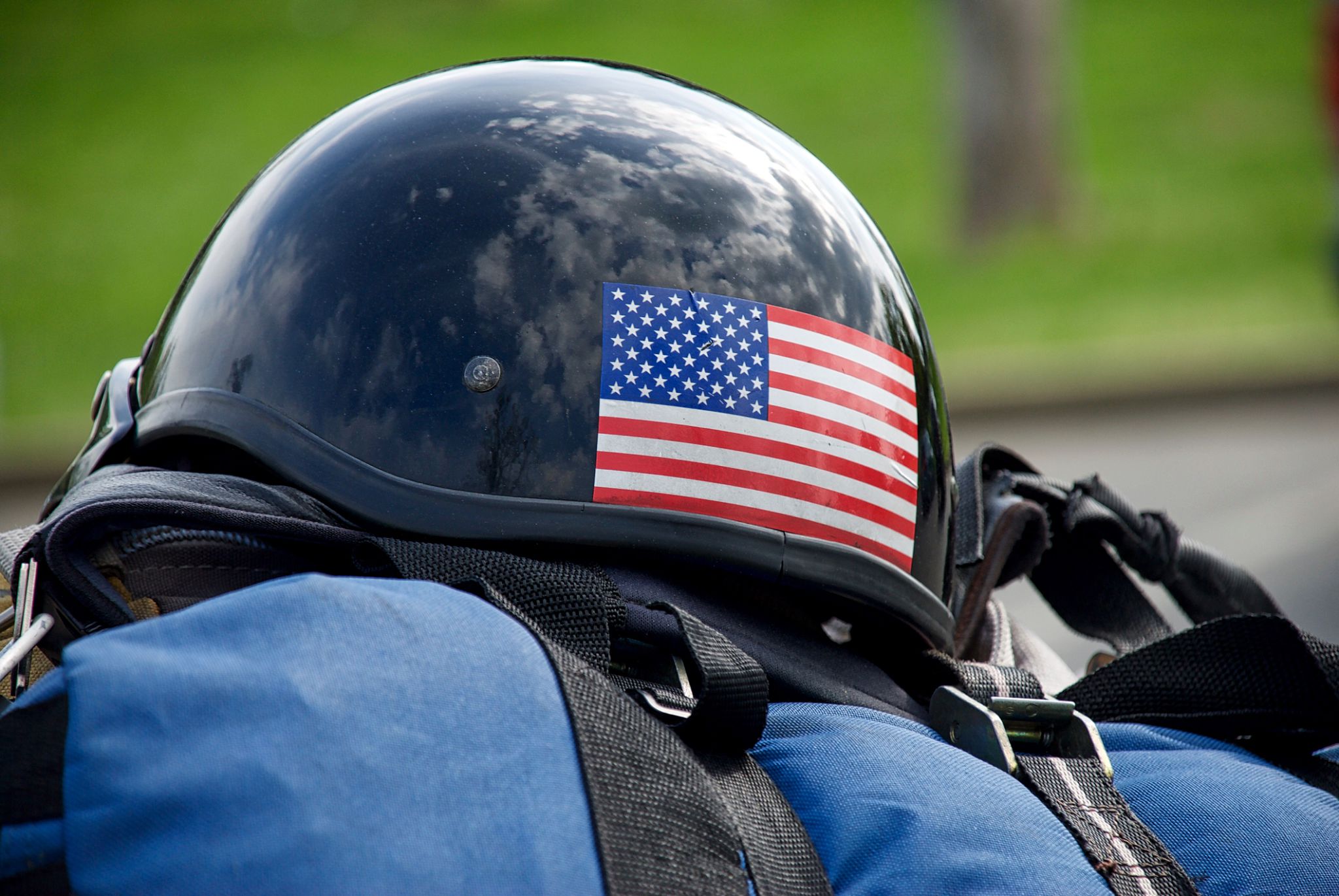 Close Up of Motorcycle Helmet with American Flag Sticker Close Up of Motorcycle Helmet with American Flag Sticker