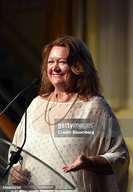 Gina Rinehart, billionaire and chairman of Hancock Prospecting Pty, gestures during the International Mining And Resources Conference in Melbourne,...