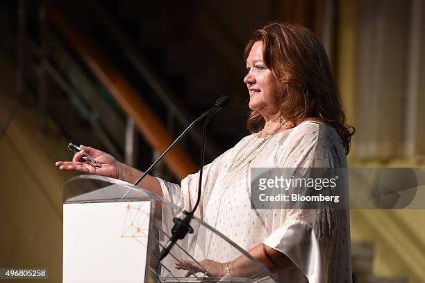 Gina Rinehart, billionaire and chairman of Hancock Prospecting Pty, gestures as she speaks during the International Mining And Resources Conference...