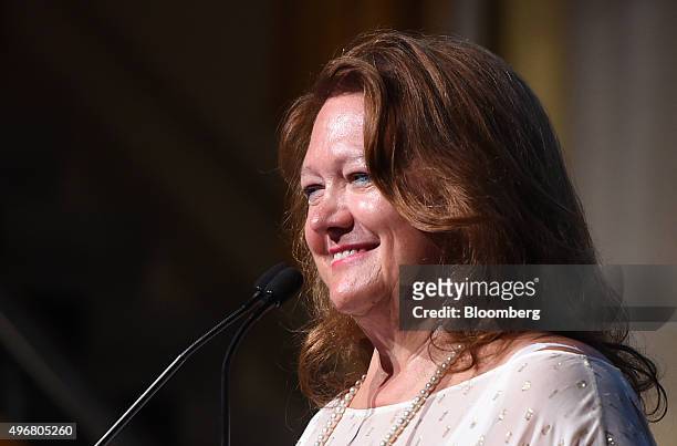 Gina Rinehart, billionaire and chairman of Hancock Prospecting Pty, reacts during the International Mining And Resources Conference in Melbourne,...