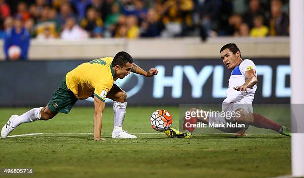 Tim Cahill of the Socceroos attacks the goal during the 2018 FIFA World Cup Qualification match between the Australian Socceroos and Kyrgyzstan at...