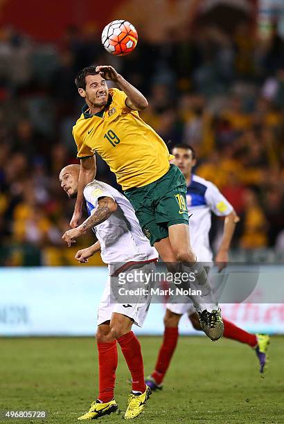 Ryan McGowan of the Socceroos contests possession during the 2018 FIFA World Cup Qualification match between the Australian Socceroos and Kyrgyzstan...