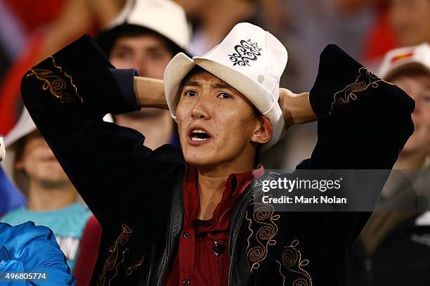 Kyrgyzstan fan reacts during the 2018 FIFA World Cup Qualification match between the Australian Socceroos and Kyrgyzstan at GIO Stadium on November...