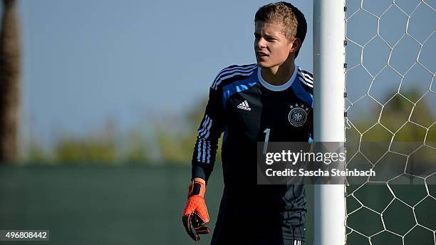 Goalkeeper Fin Gilbert Dahmen of Germany looks on during the U18 four nations friendly tournament match between Netherlands and Germany at Emirhan...