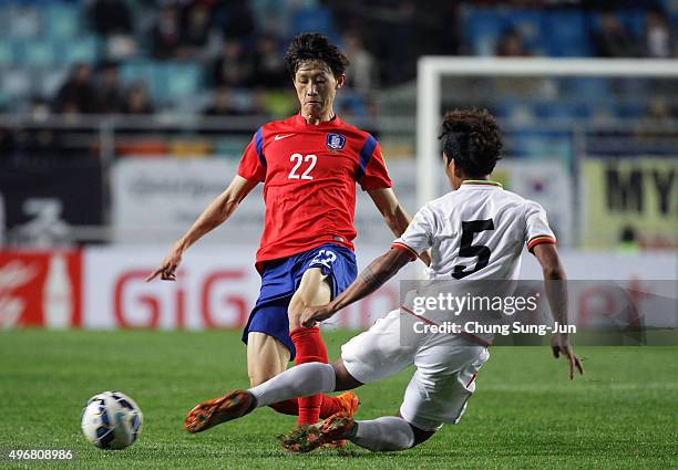 Lee Jae-Sung of South Korea competes for the ball with Nanda Kyaw of Myanmar during the 2018 FIFA World Cup Qualifier Round 2 Group G match between...