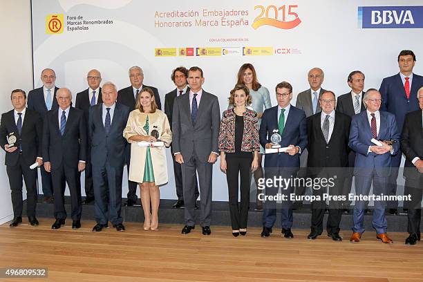 King Felipe VI and Queen Letizia deliver VI Acreditations for Honorary Ambassadors of the Spanish Brand at Ciudad BBVA on November 12, 2015 in...