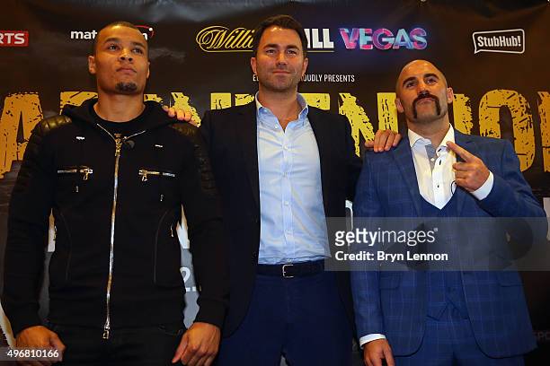 Chris Eubank Jr, Eddie Hearn and Spike O'Sullivan pose for a photo during a press conference ahead of the fight between Chris Eubank Jr and Spike...