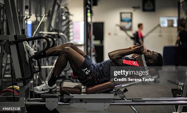 Massadio Haidara works out in the gym during the Newcastle United Training session at The Newcastle United Training Centre on November 12 in...