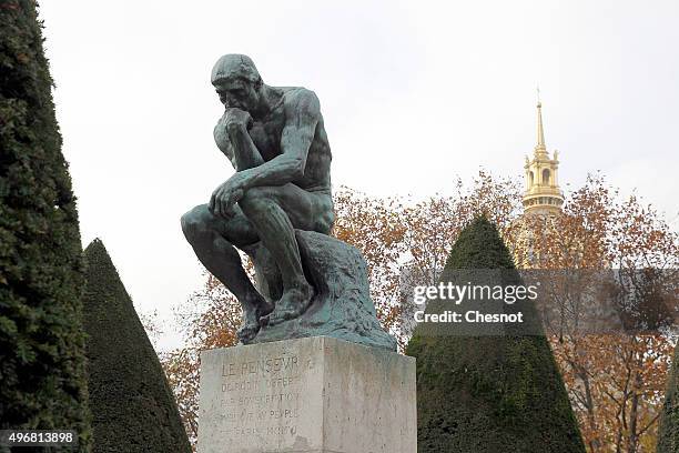 The sculpture"Le Penseur" by French sculptor Auguste Rodin is seen in the garden of the Rodin Museum on November 12, 2015 in Paris, France. After a...