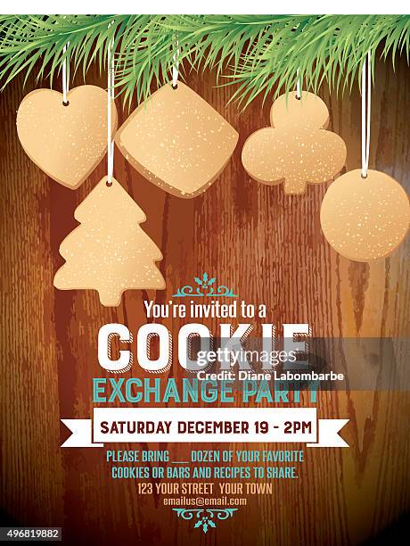 ilustraciones, imágenes clip art, dibujos animados e iconos de stock de bolsa de galletas de navidad de plantilla de la invitación - galletas navidad