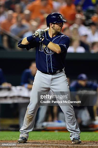 Arencibia of the Tampa Bay Rays bats against Baltimore Orioles during a baseball game at Oriole Park at Camden Yards on September 1, 2015 in...