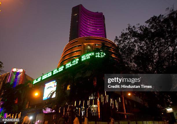 Bombay Stock Exchange building illuminated during the special Muhurat Trading session on the occasion of Diwali, on November 11, 2015 in Mumbai,...