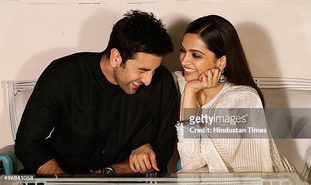 Bollywood actors Deepika Padukone and Ranbir Kapoor during an exclusive interview for Diwali festival with HT Cafe-Hindustan Times at Cafe Terra,...