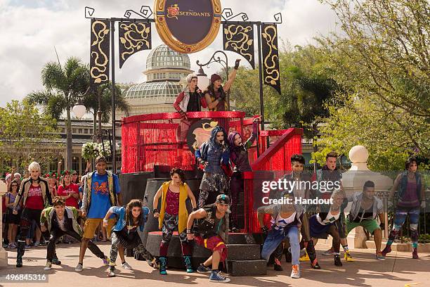 In this handout provided by Disney Parks, The cast of Disney Channel Original Movie 'Descendants' Cameron Boyce who plays Carlos , Booboo Stewart who...