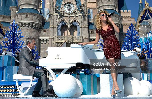 In this handout provided by Disney Parks, Tori Kelly performs during the taping of the 'Disney Parks Unforgettable Christmas Celebration' TV special...
